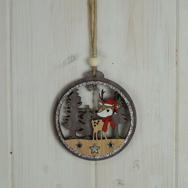 Wooden Hanging Circle with Christmas Reindeer (18cm) detail page